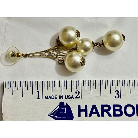 Extra Large Gold Tone Faux Pearl Chandelier Statement Runway Earrings Pierced 3" - Picture 2 of 4